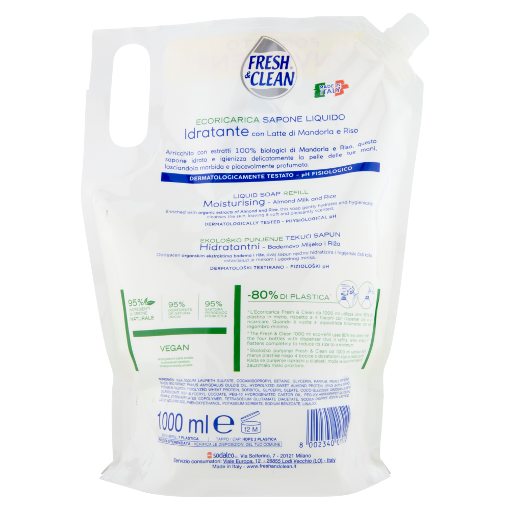 Fresh & Clean Sapone Liquido Idratante Latte di Mandorla e Riso Ecoricarica 1000 ml