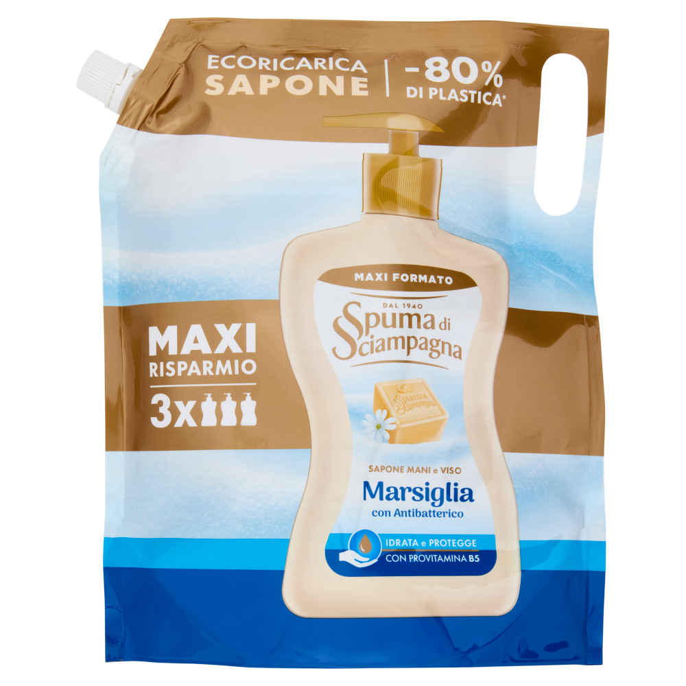 Spuma di Sciampagna Sapone Mani e Viso Marsiglia con Antibatterico Ecoricarica 1300 ml