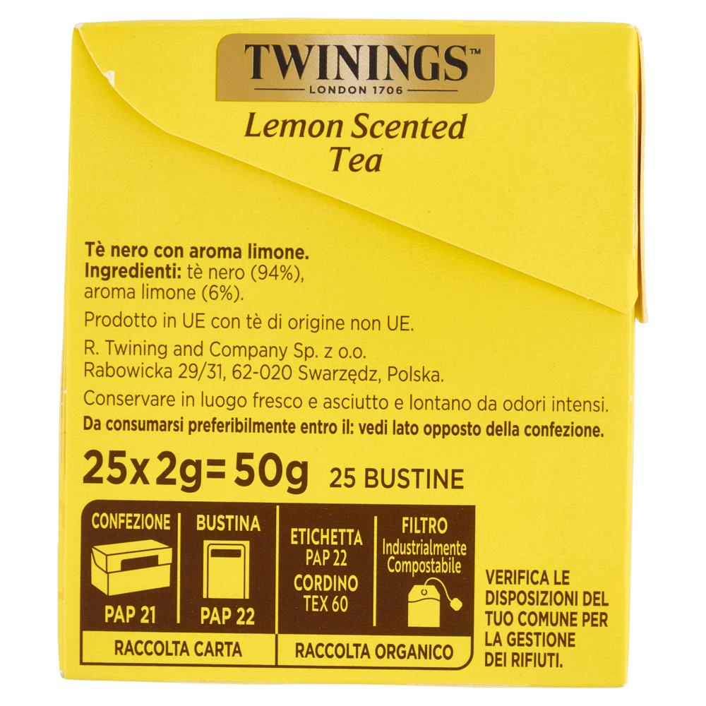 Twinings Lemon Scented Tea Tè Nero 25 filtri The 50 g