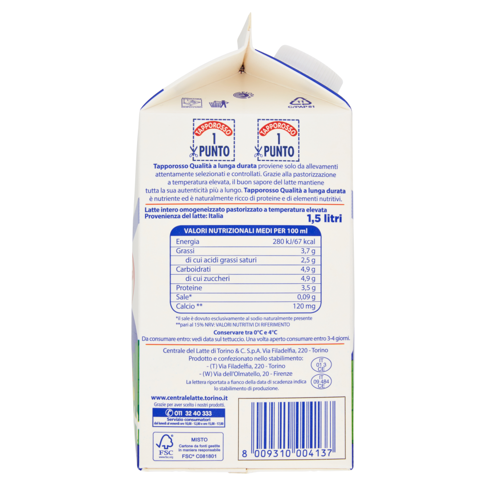 Centrale del Latte di Torino Tapporosso Qualit&agrave; a Lunga Durata Intero 1,5 litri