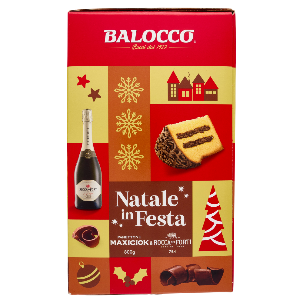 Balocco Natale in Festa Panettone Maxiciok 800 g & Rocca dei Forti Vino Spumante Dolce 75 cl