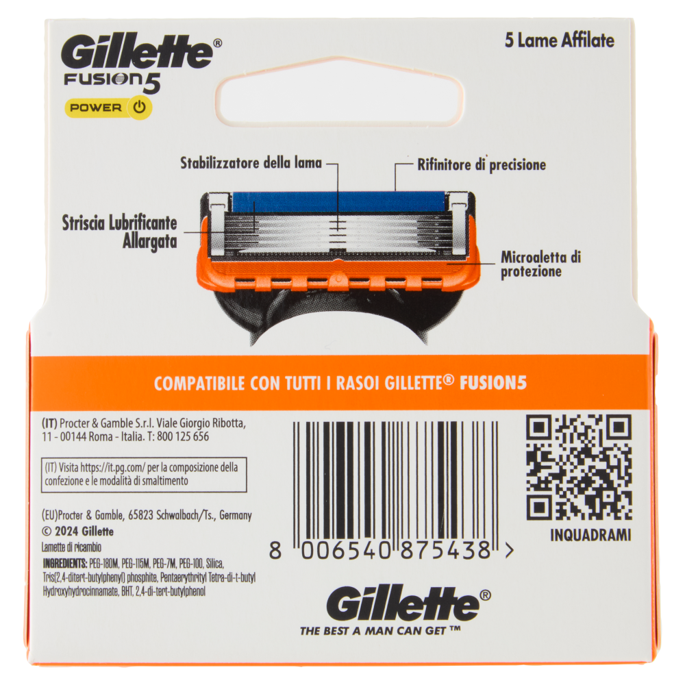 Gillette Fusion5 Power Lamette di ricambio per Rasoio da Uomo, 4 Ricariche