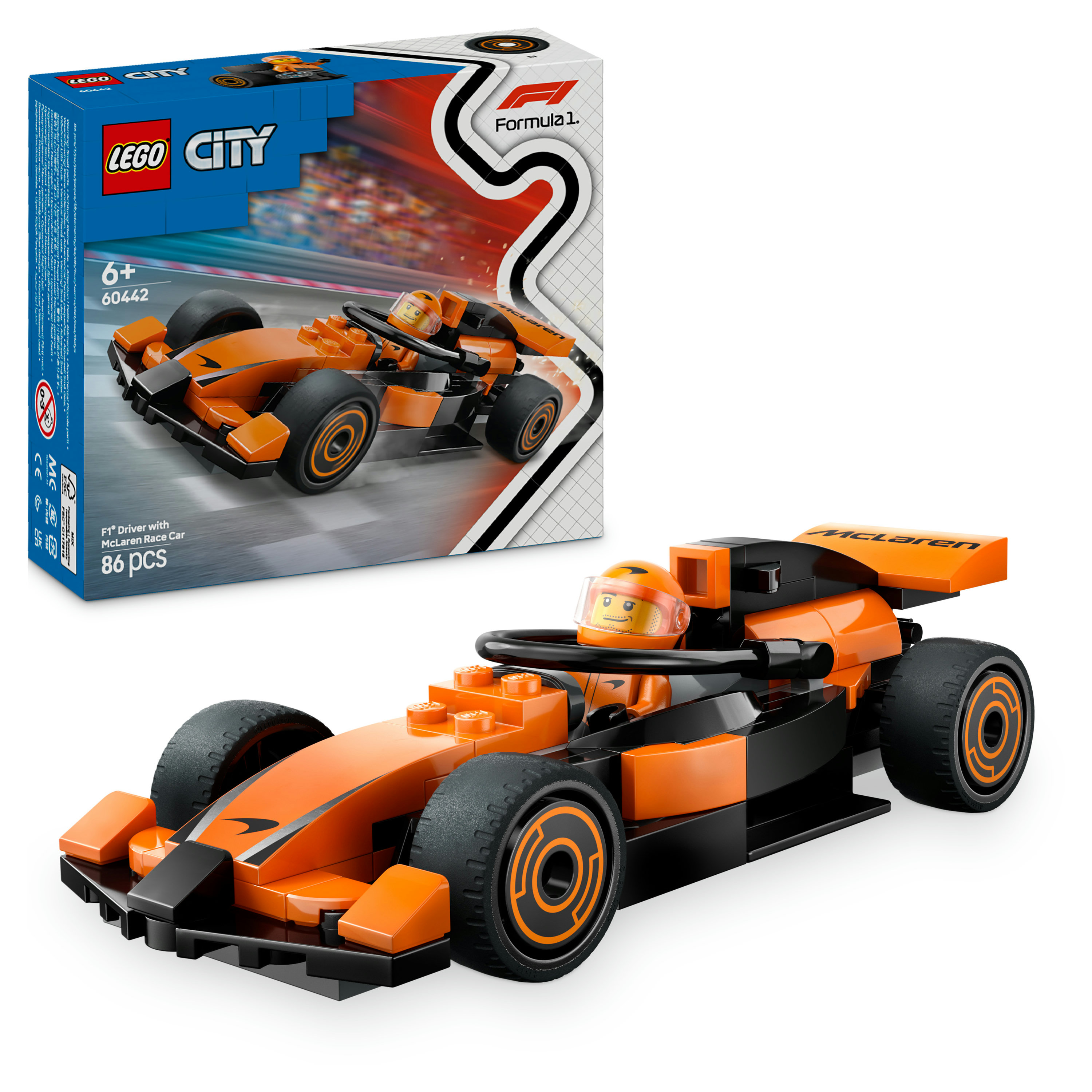 LEGO City 60442 Pilota e Monoposto McLaren F1, Modello di Macchina Giocattolo da Formula 1, Regalo Bambini 6+ Fan delle Auto