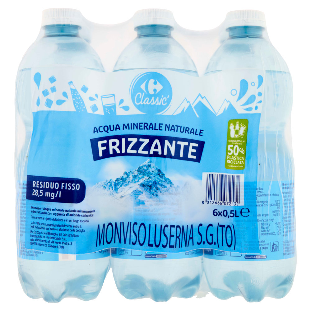 Carrefour Classic Frizzante Acqua Minerale Naturale Monviso 6 x 0,5 L