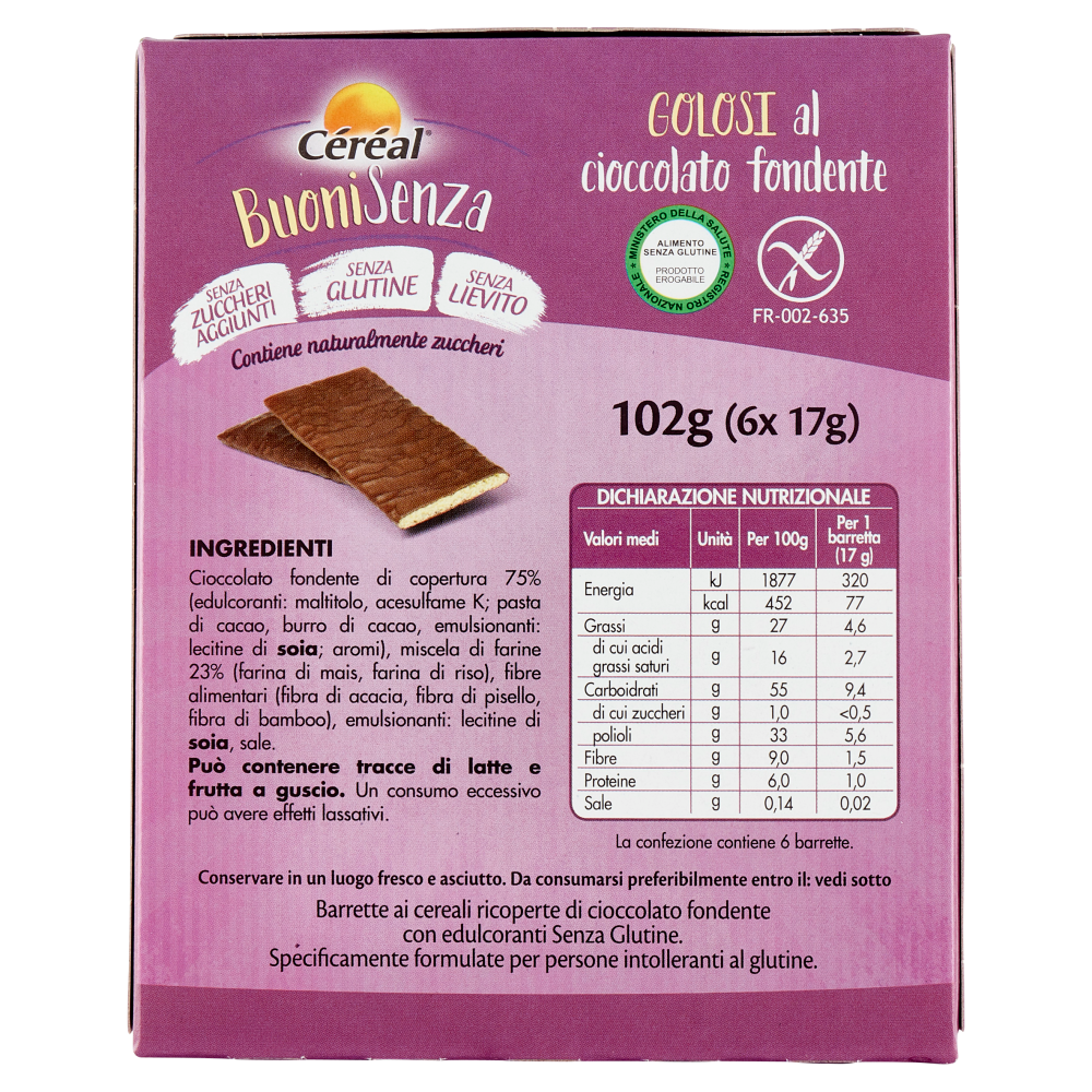 Céréal, Crackers BuoniSenza Golosi al cioccolato fondente, senza glutine, senza lievito - 6 x 17 g