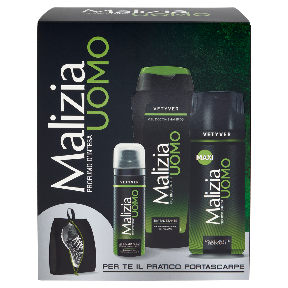 Malizia Uomo Profumo d'Intesa Vetyver Schiuma da Barba 50mL + Deodorant 175mL + Doccia Shampoo 250mL