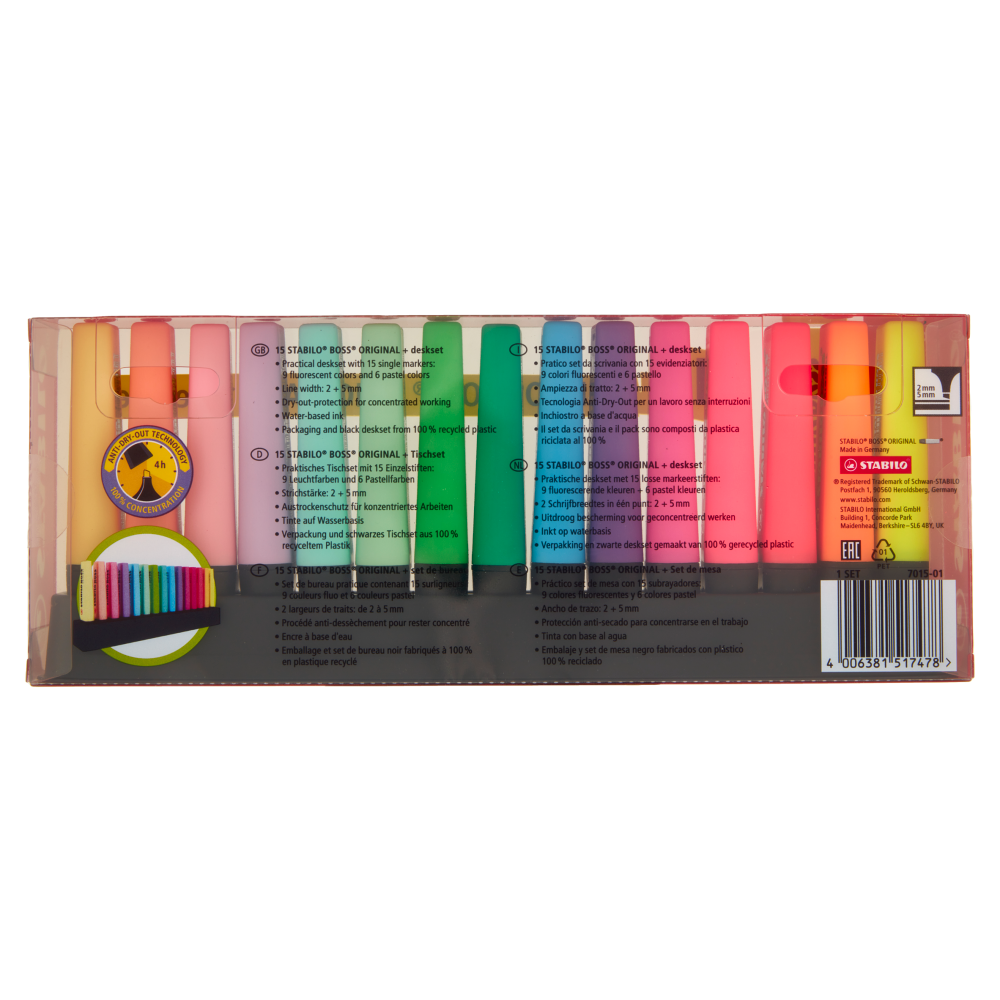 STABILO Boss Original evidenziatore - deskset con 15 pz. fluo + Pastel