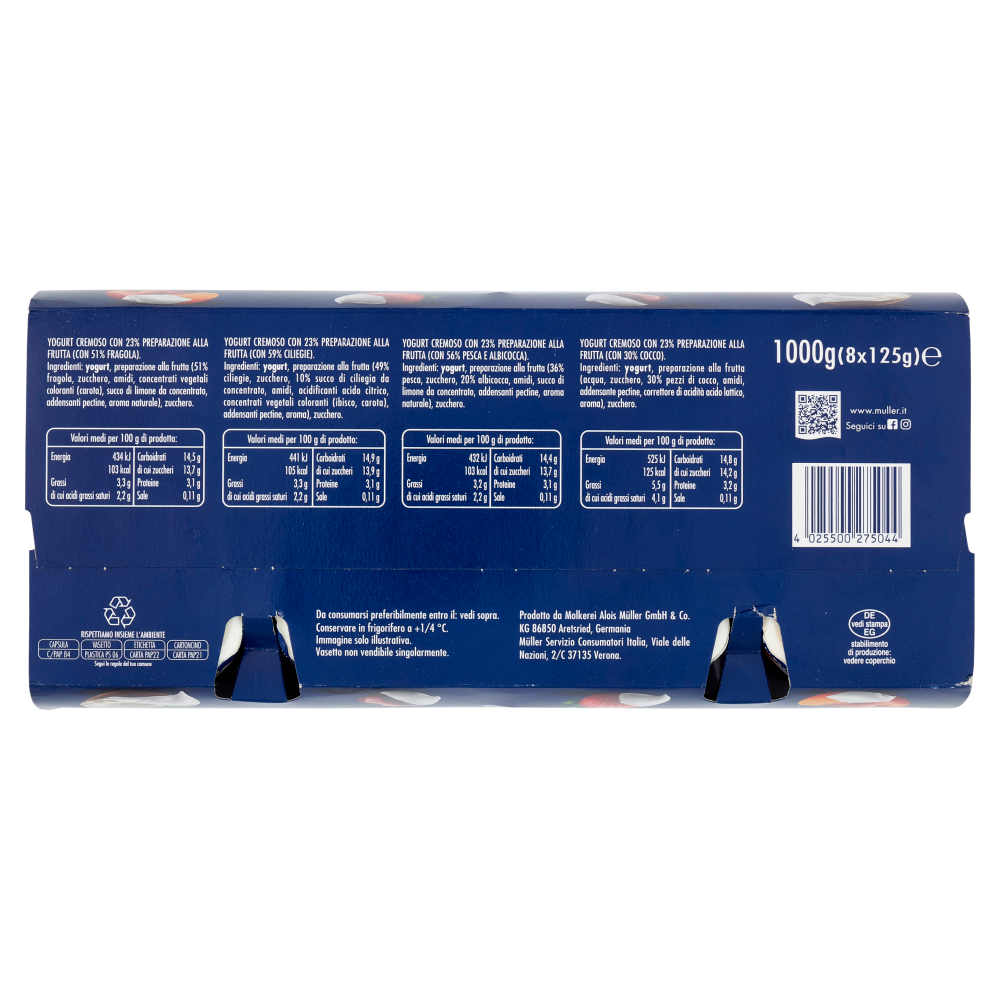 müller Yogurt Cremoso con Frutta in Pezzi Pesca e Albicocca, Fragola, Ciliegia, Cocco 8 x 125 g