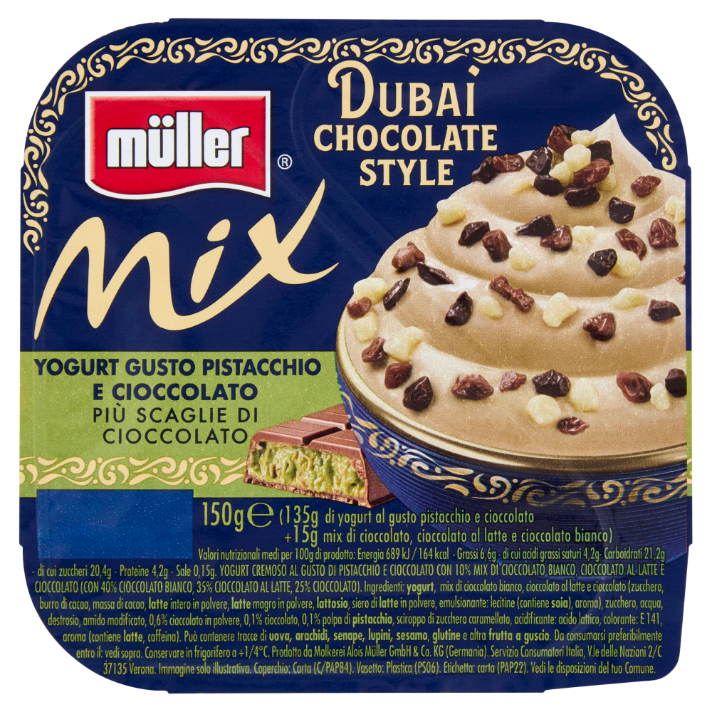 m&uuml;ller Mix Dubai Chocolate Style Yogurt Gusto Pistacchio e Cioccolato Pi&ugrave; Scaglie di Cioccolato 150g