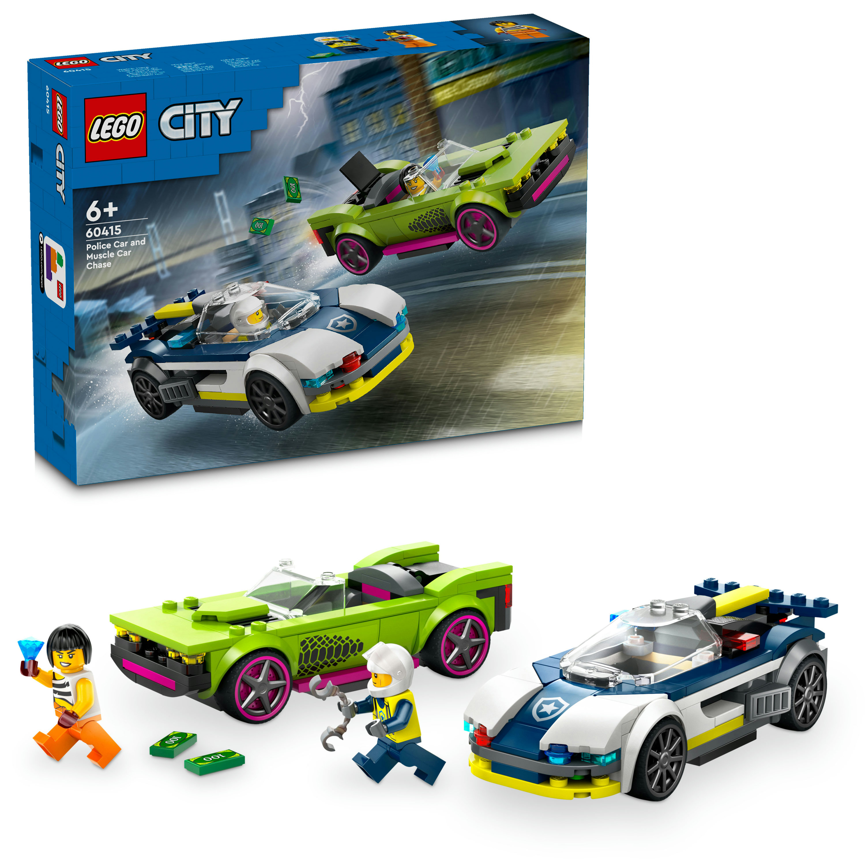 LEGO City 60415 Inseguimento della Macchina da Corsa, 2 Modellini di Auto della Polizia, Giocattolo per Bambini di 6+ Anni