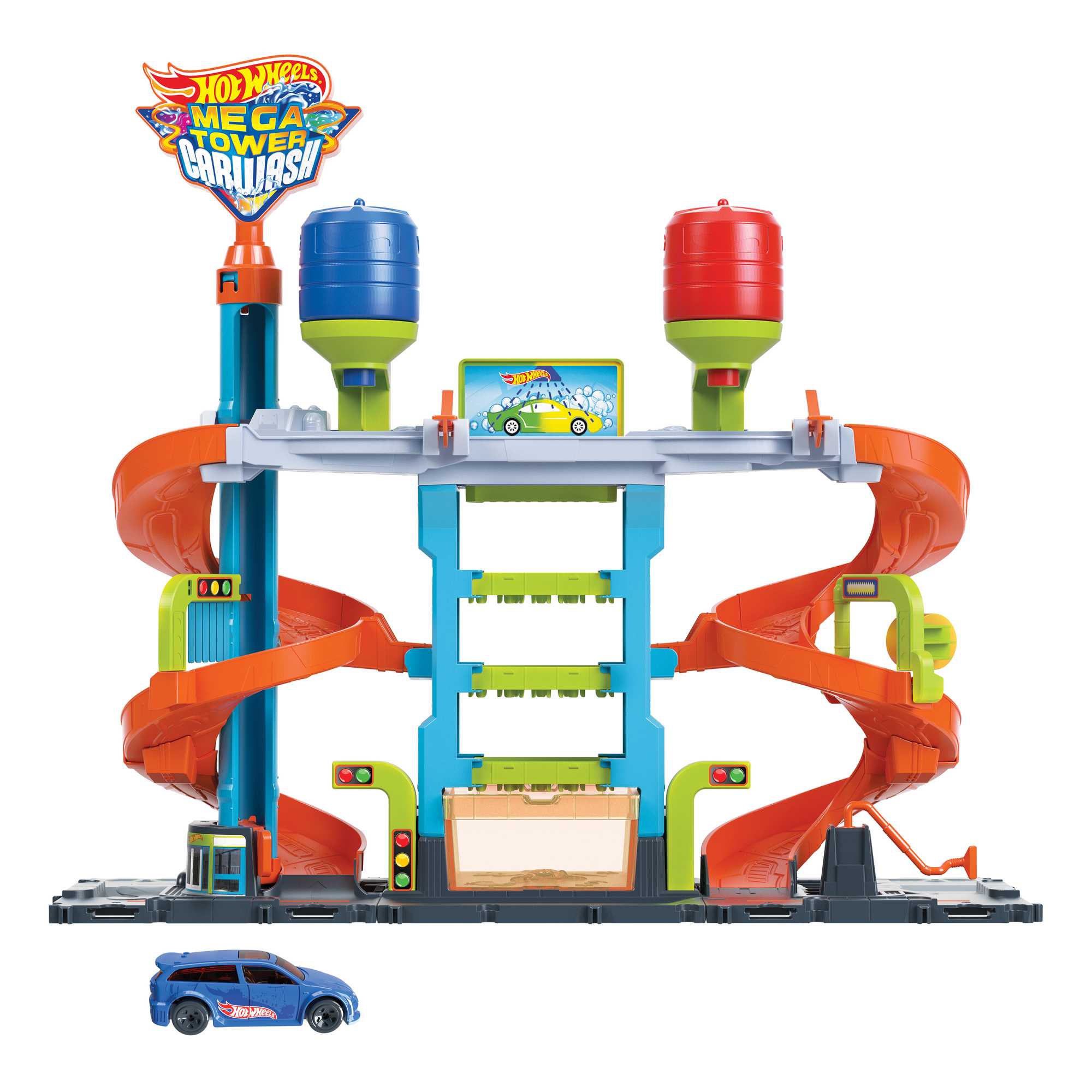 Hot Wheels City Mega Torre Autolavaggio, include 1 macchinina Color Shifters e pratici serbatoi per acqua, si collega ad altri set, giocattolo per bambini 4+ Anni