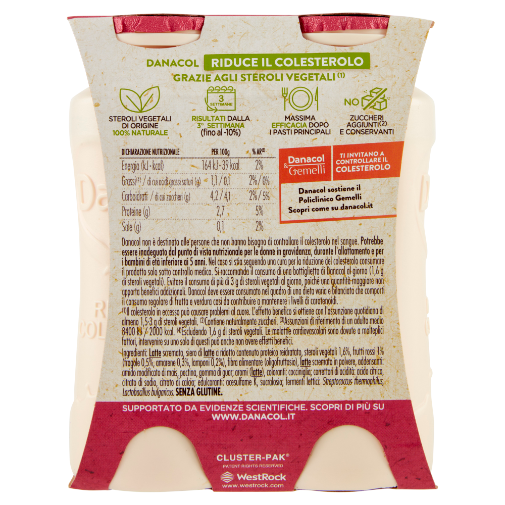 DANACOL Yogurt da bere, Riduce il Colesterolo grazie agli Steroli Vegetali, Frutti Rossi, 4x100g