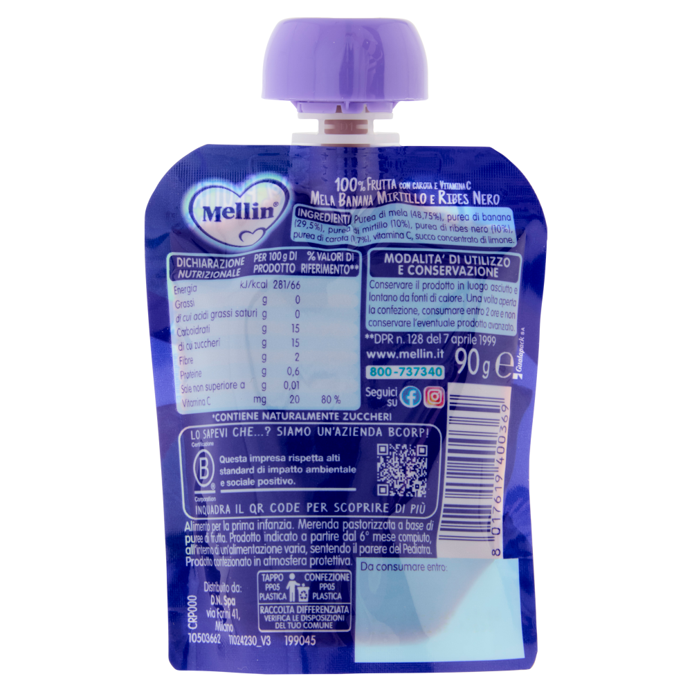 MELLIN Merenda di Frutta 100% con Carota, Mirtillo e Ribes Nero, dal 6&deg; mese, Pouch 90 g