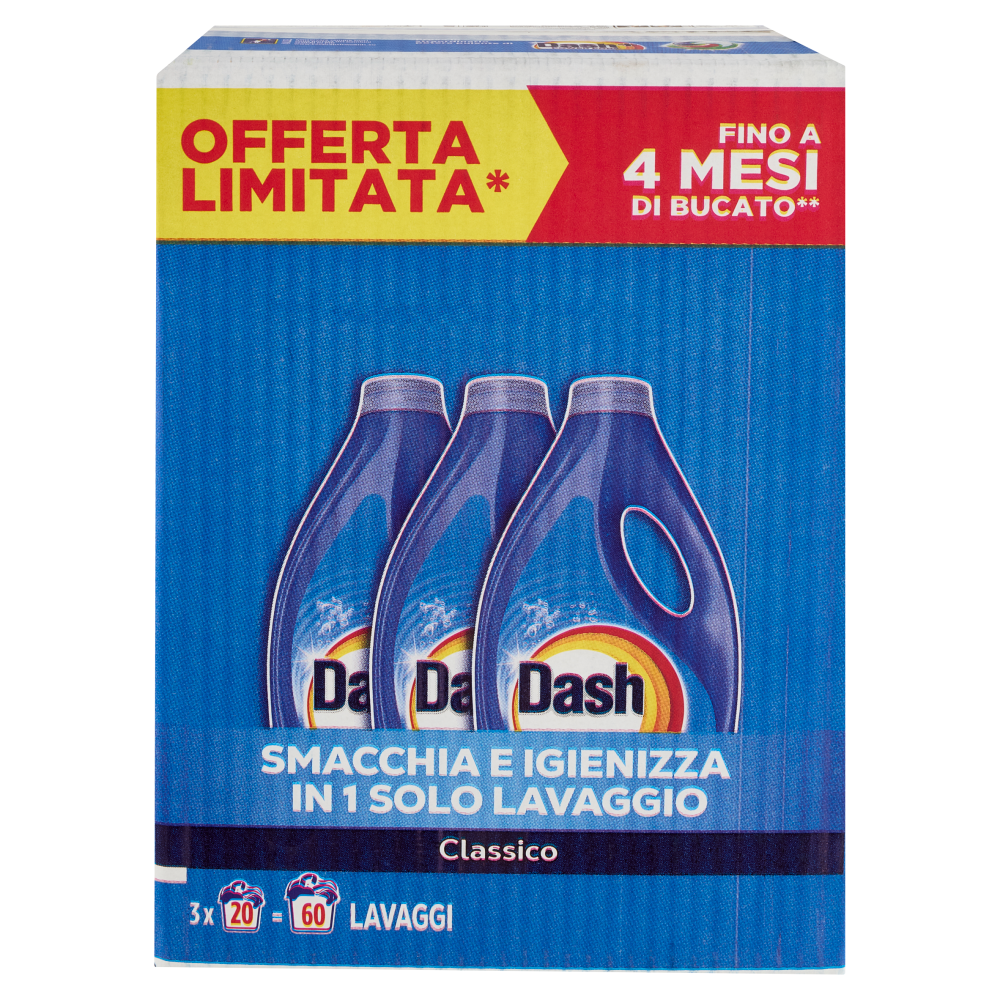 Dash Detersivo Liquido Lavatrice, Classico, 3x20=60 Lavaggi 3x900ml