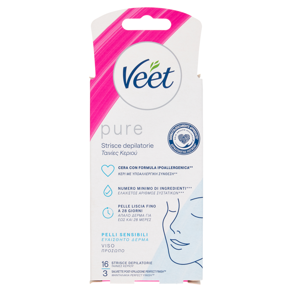 Veet Pure Strisce Depilatorie Viso, Ipoallergeniche, Confezione da 16 Strisce