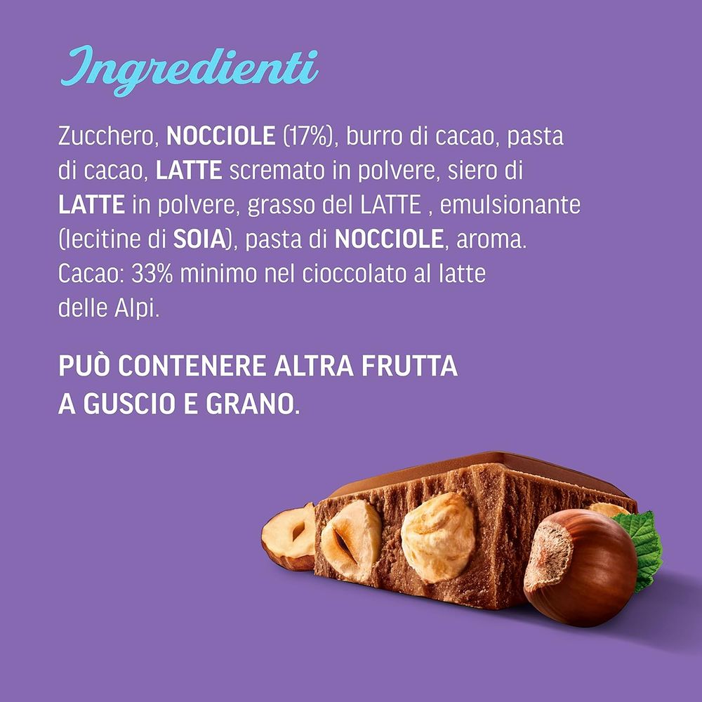 Milka Nocciolato, Tavoletta di Cioccolato al Latte con Nocciole Intere, Latte 100% Alpino, Cacao Sostenibile - 95 g