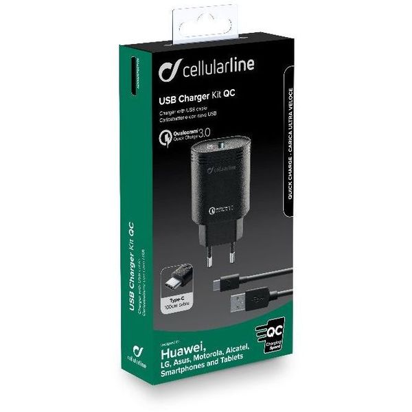 Cellularline USB Charger Kit 18W - USB-C - Huawei, Xiaomi, Wiko, Asus and other smartphone Caricabatterie da rete adattivo 18W con cavo USB-C