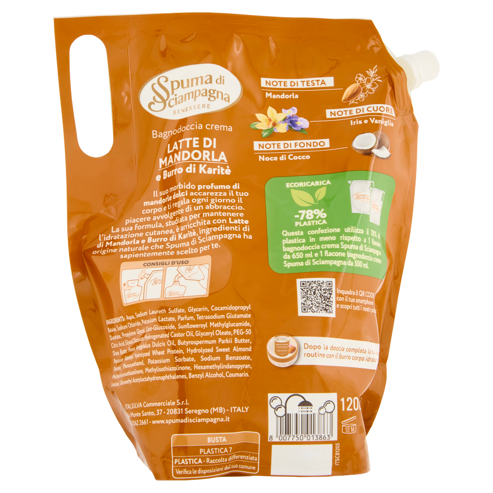 Spuma di Sciampagna Benessere Bagnodoccia crema Idratante Latte di Mandorla Ecoricarica 1200 ml