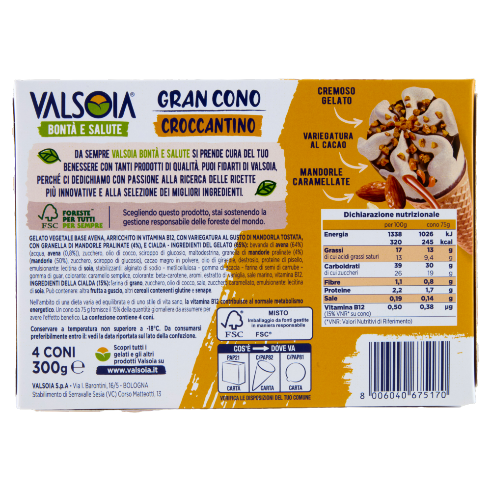 Valsoia Bontà e Salute Gran Cono Croccantino con Mandorle Caramellate 4 x 75 g