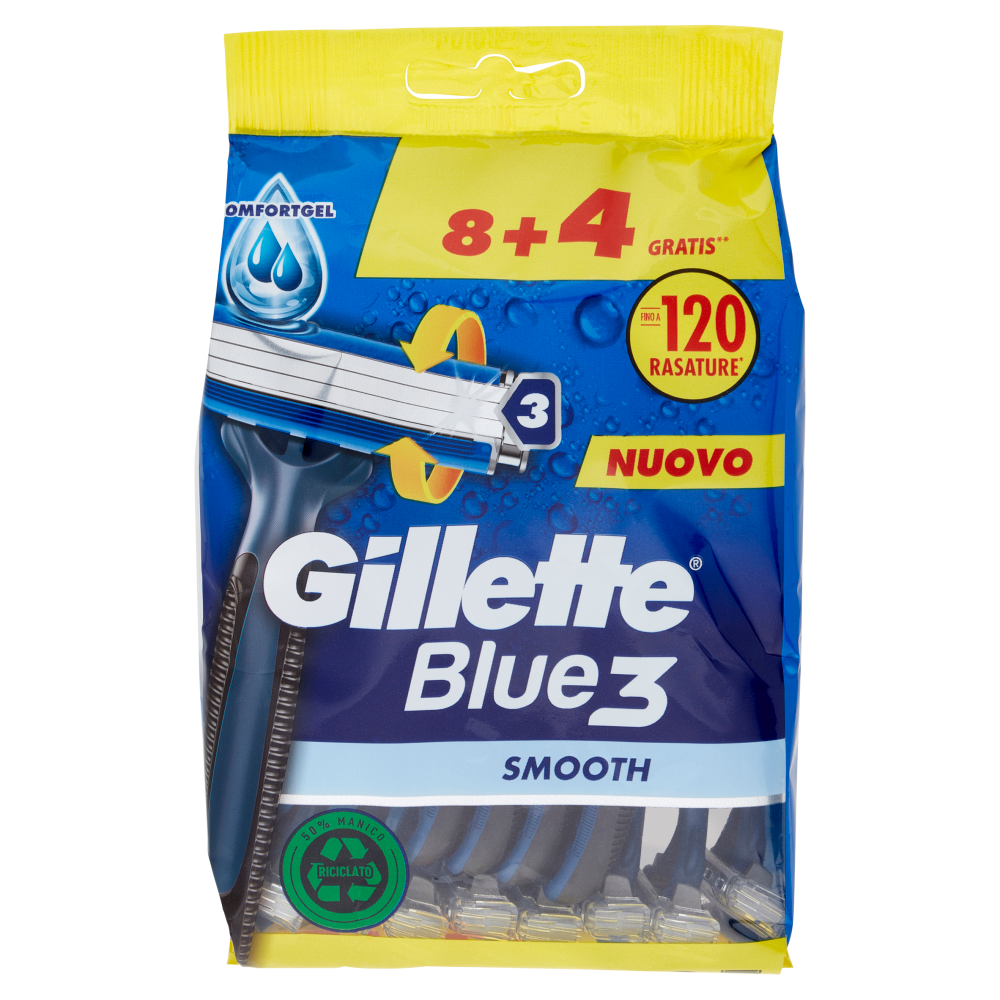 Gillette Rasoio Uomo Blue3 Smooth Usa e Getta a 3 Lame, Confezione da 8 rasoi + 4 Gratis = 12 Rasoi