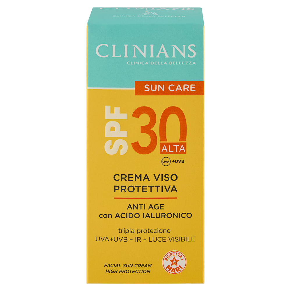 Clinians Sun Care Crema Viso Protettiva Anti Age con Acido Ialuronico SPF 30 Alta 50 mL