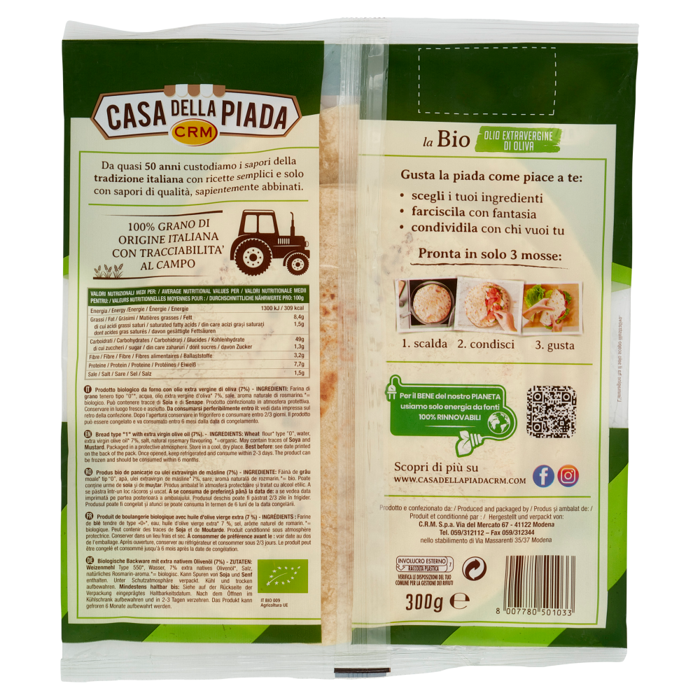 Casa della Piada la Bio Olio Extravergine di Oliva Formato Medio M 4 Piadine 300 g