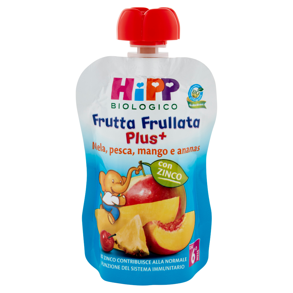HiPP Biologico Frutta Frullata Plus⁺ Mela, pesca, mango e ananas con zinco 90 g