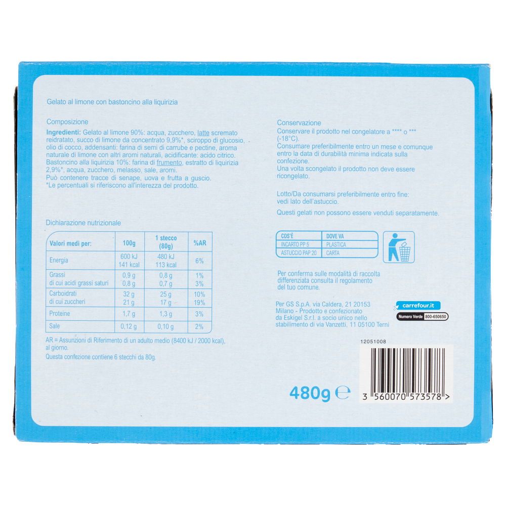 Carrefour Classic Stecco Limone con Bastoncino alla Liquirizia 6 x 80 g