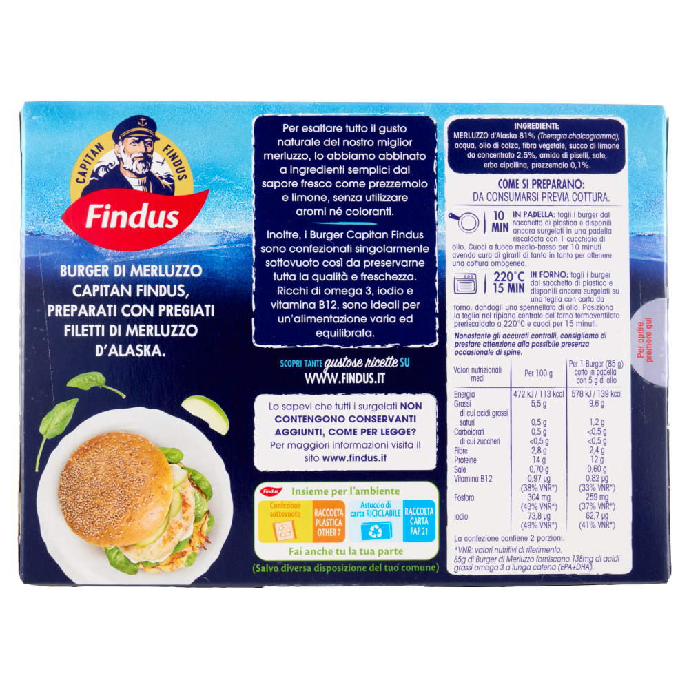 Capitan Findus 2 Burger di Merluzzo con prezzemolo e limone 170 g