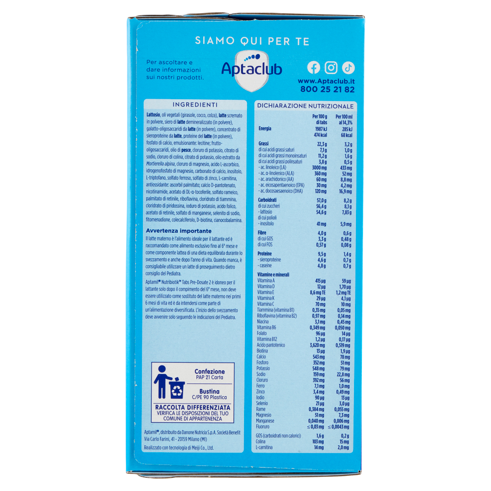 APTAMIL Nutribiotik Tabs 2,Latte di proseguimento in Tabs, dal 6° mese compiuto al 12°, 21 bustine