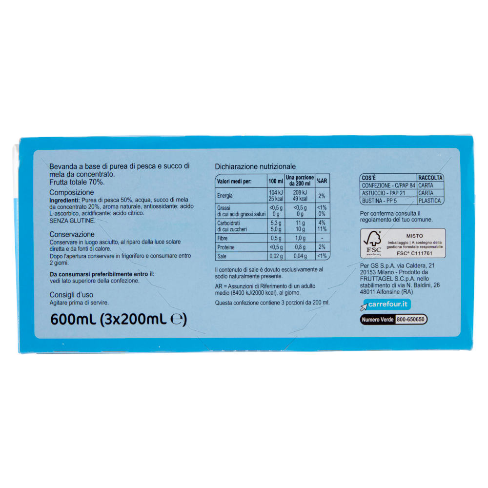 Carrefour Classic Bevanda Senza Zuccheri Aggiunti* Pesca con Mela 3 x 200 ml