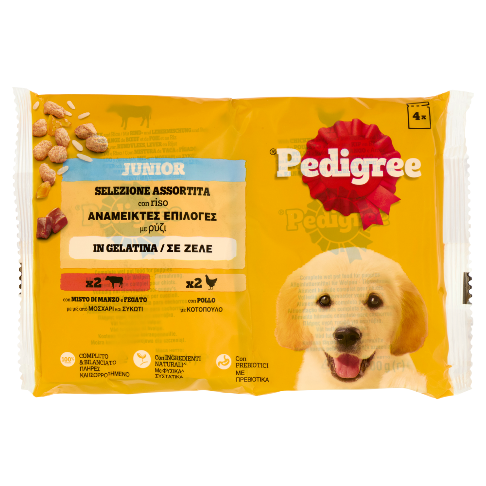 Pedigree Junior Manzo Riso/Pollo Gelatina cibo umido cane 4x100g