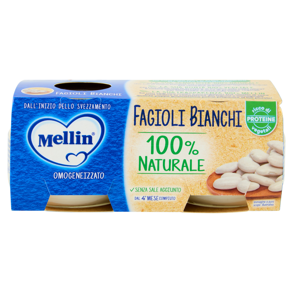 MELLIN Omogeneizzato, Fagioli Bianchi, Ricco di Proteine, 100% Vegetale, dal 4&deg; mese, 2x80 g