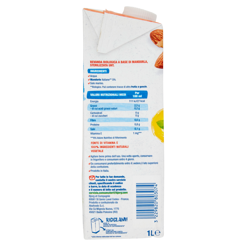 BJORG Mandorla Intensa 0% Zuccheri Bevanda Vegetale Bio, Senza Glutine, Prodotto in Italia, 1L