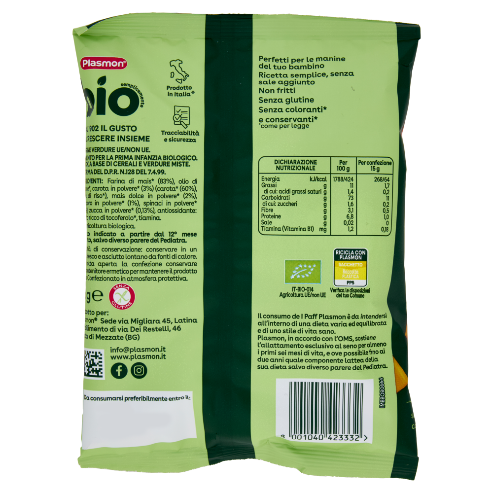Plasmon semplicemente bio paff carota, zucca, spinaci e pomodoro 15 g