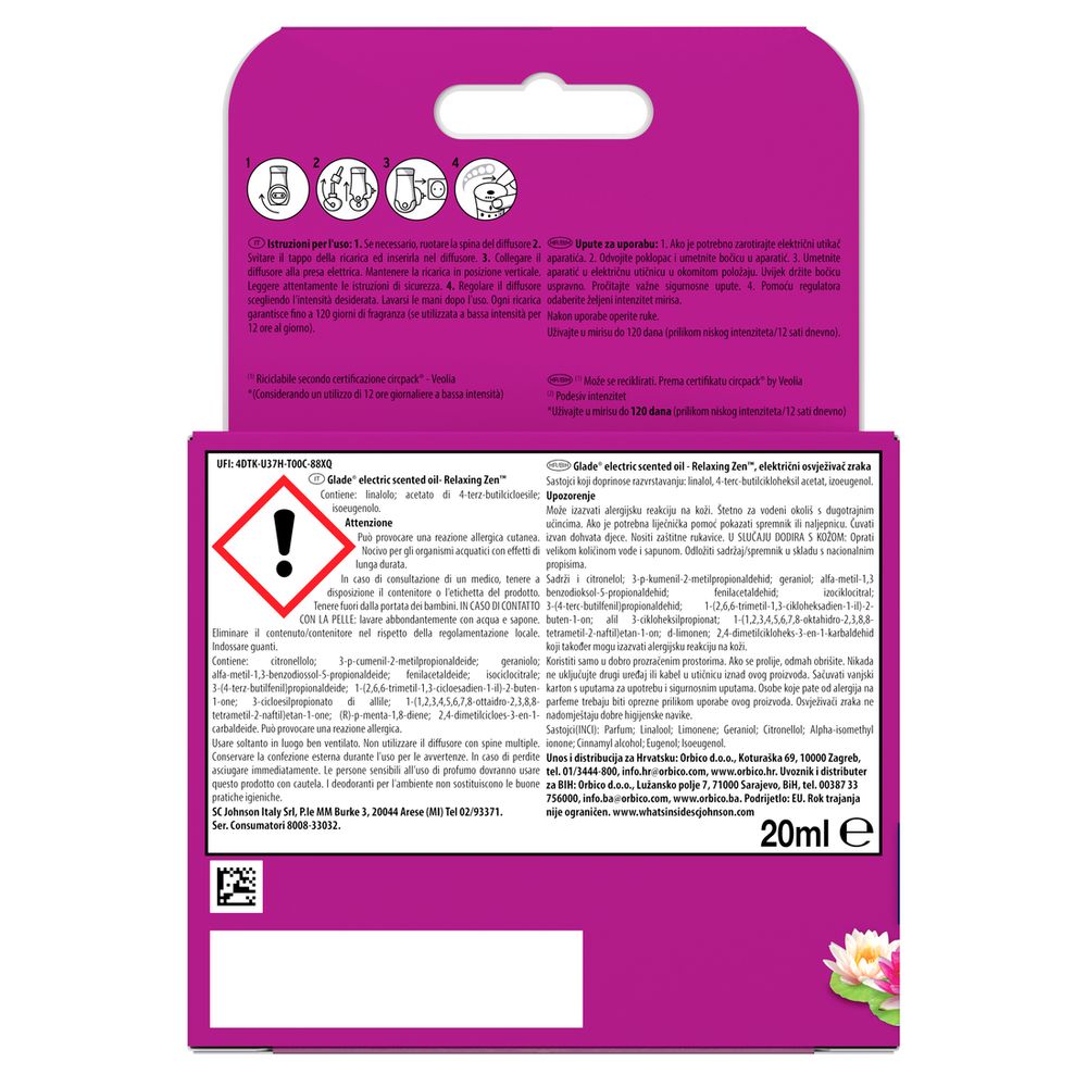 Glade liquido elettrico Profumatore per Ambienti con Olii Essenziali, Fragranza Relaxing Zen, 1 Diffusore e 1 Ricarica