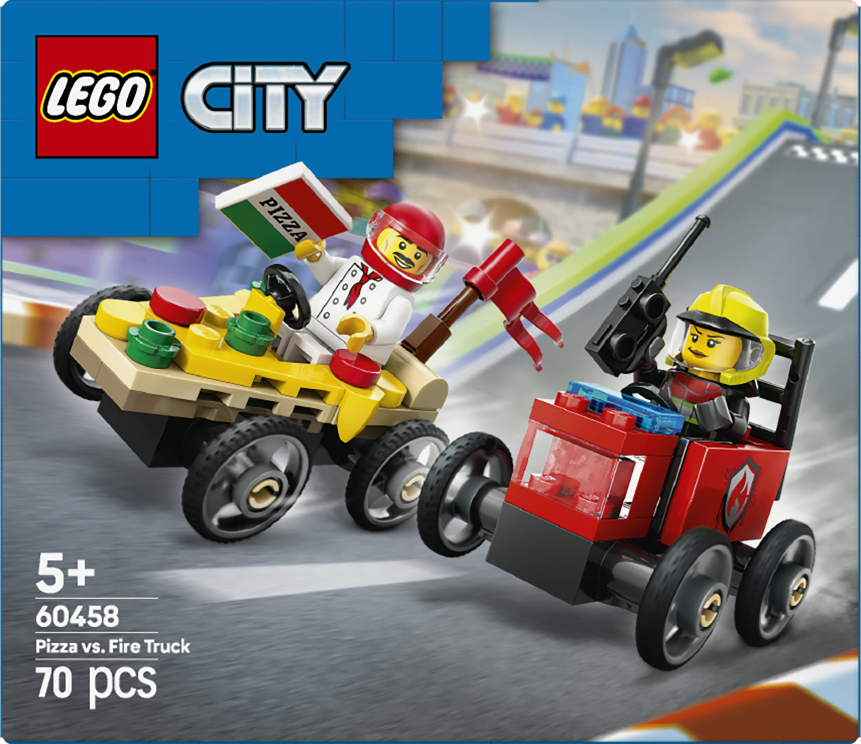 LEGO City 60458 Pack Veicoli da Corsa: Pizzaiolo Contro Pompiere, Macchine Giocattolo con 2 Minifigure, Giochi per Bambini 5+