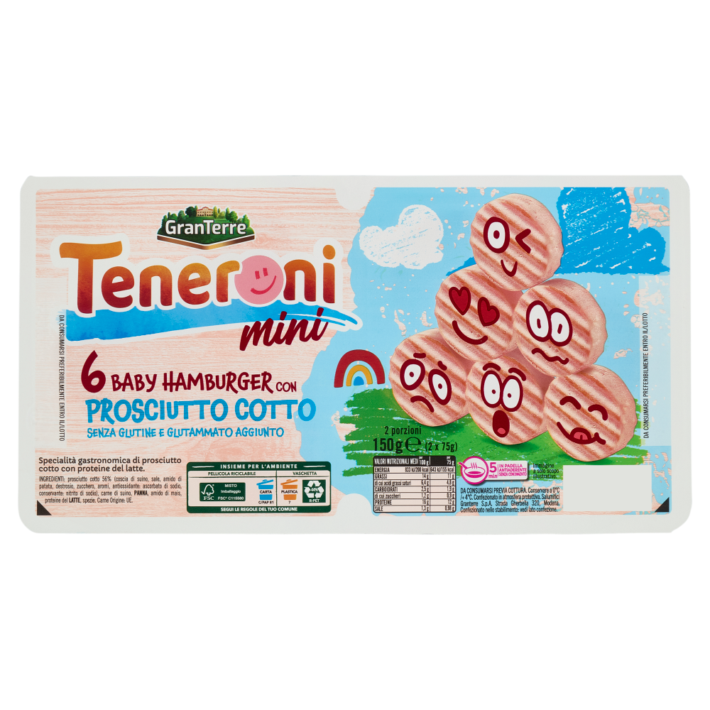 Teneroni mini 6 Baby Hamburger con Prosciutto Cotto 2 x 75 g