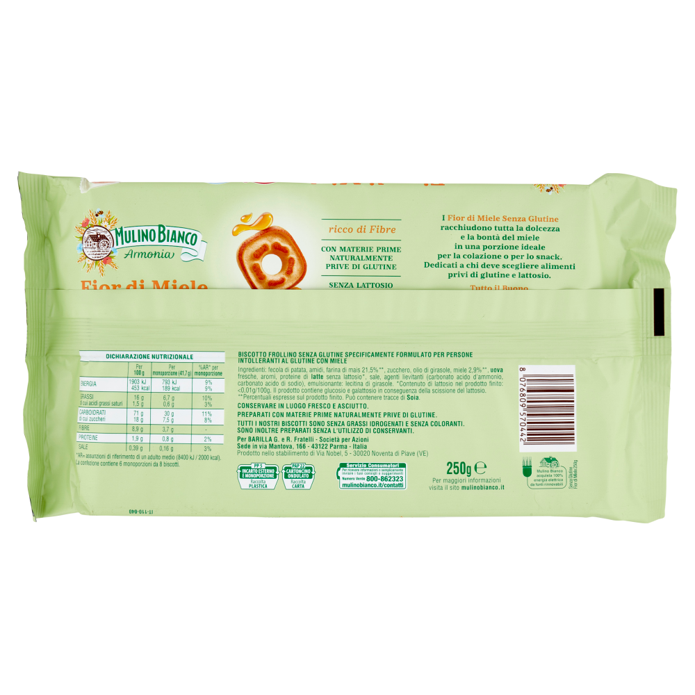 Mulino Bianco Armonia Fior di Miele Biscotti al Miele Millefiori Senza Glutine e Lattosio 250 g