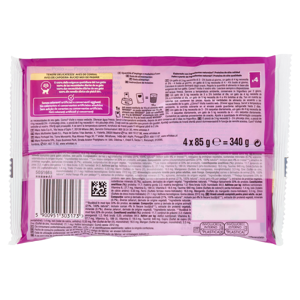 Whiskas Pure Delight Cibo Umido Gatto Tenere Delicatezze in Gelatina con Pollo e Tacchino 4 x 85 g