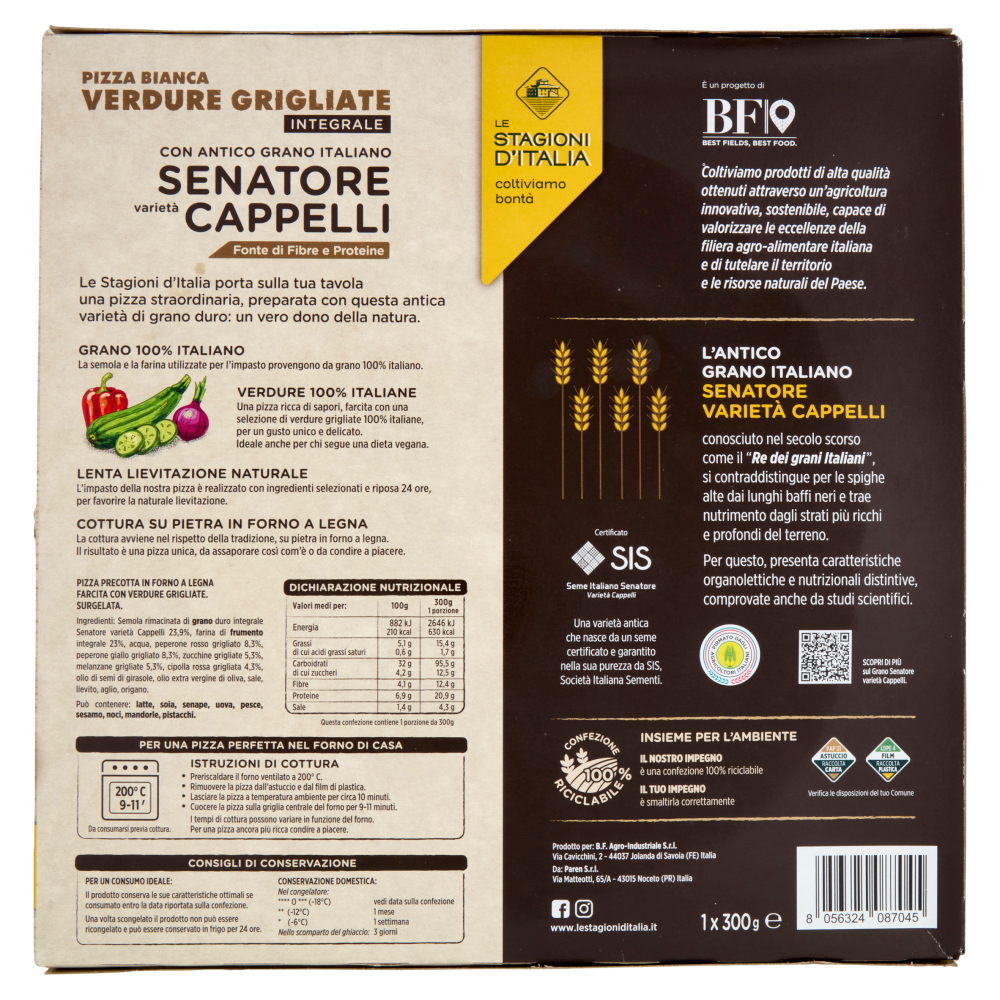 Le Stagioni d'Italia Pizza Bianca Verdure Grigliate Integrale Senatore variet&agrave; Cappelli 1 x 300 g