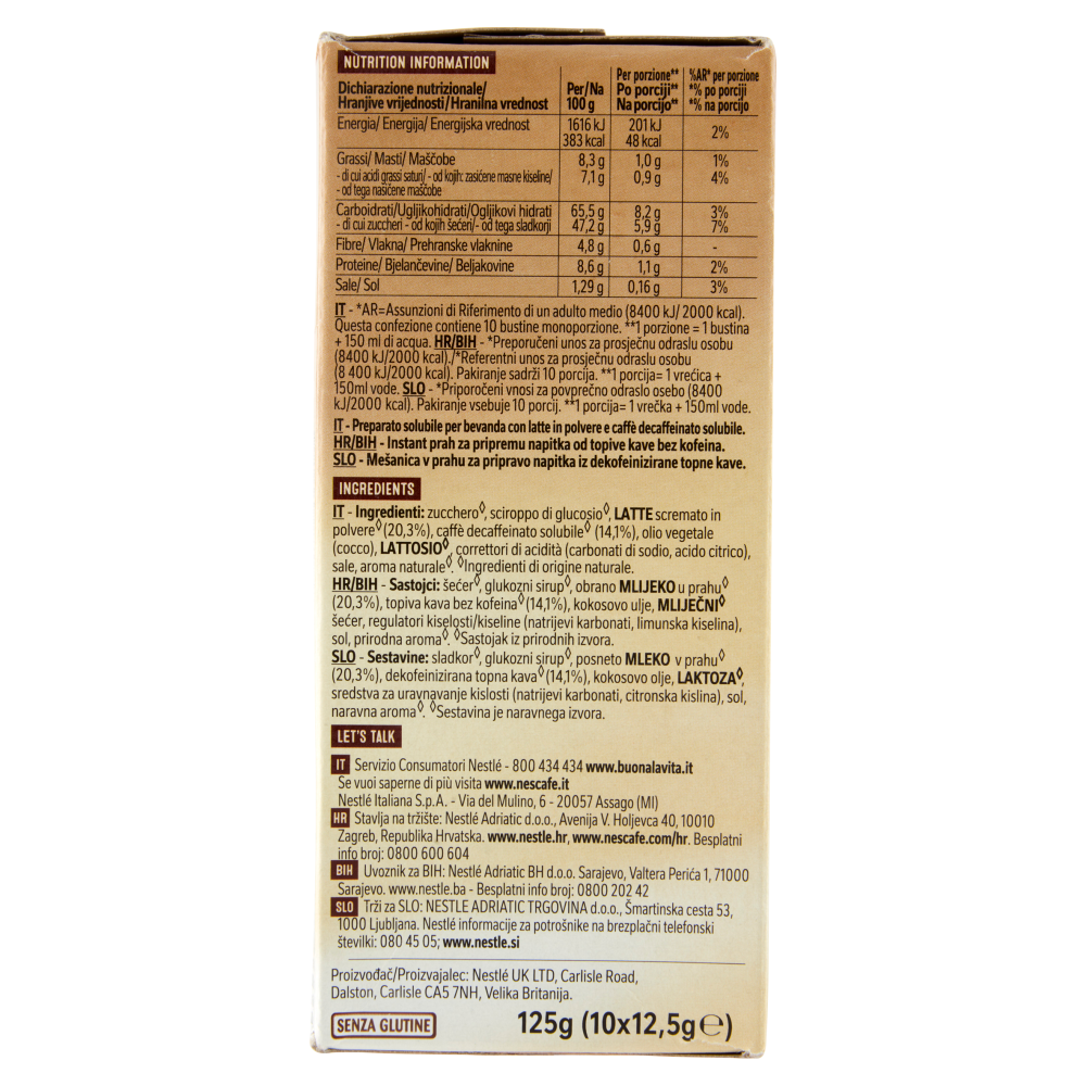 NESCAFÉ Cappuccino Decaf Solubile Decaffeinato, 10 Bustine 125g