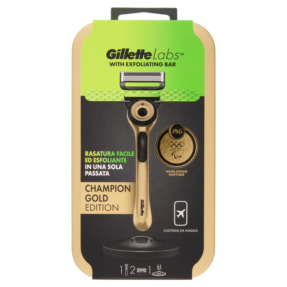 Gillette Labs Rasoio da Uomo Champion Gold Edition Custodia da Viaggio 1 Manico + 2 Lamette + 1 Base