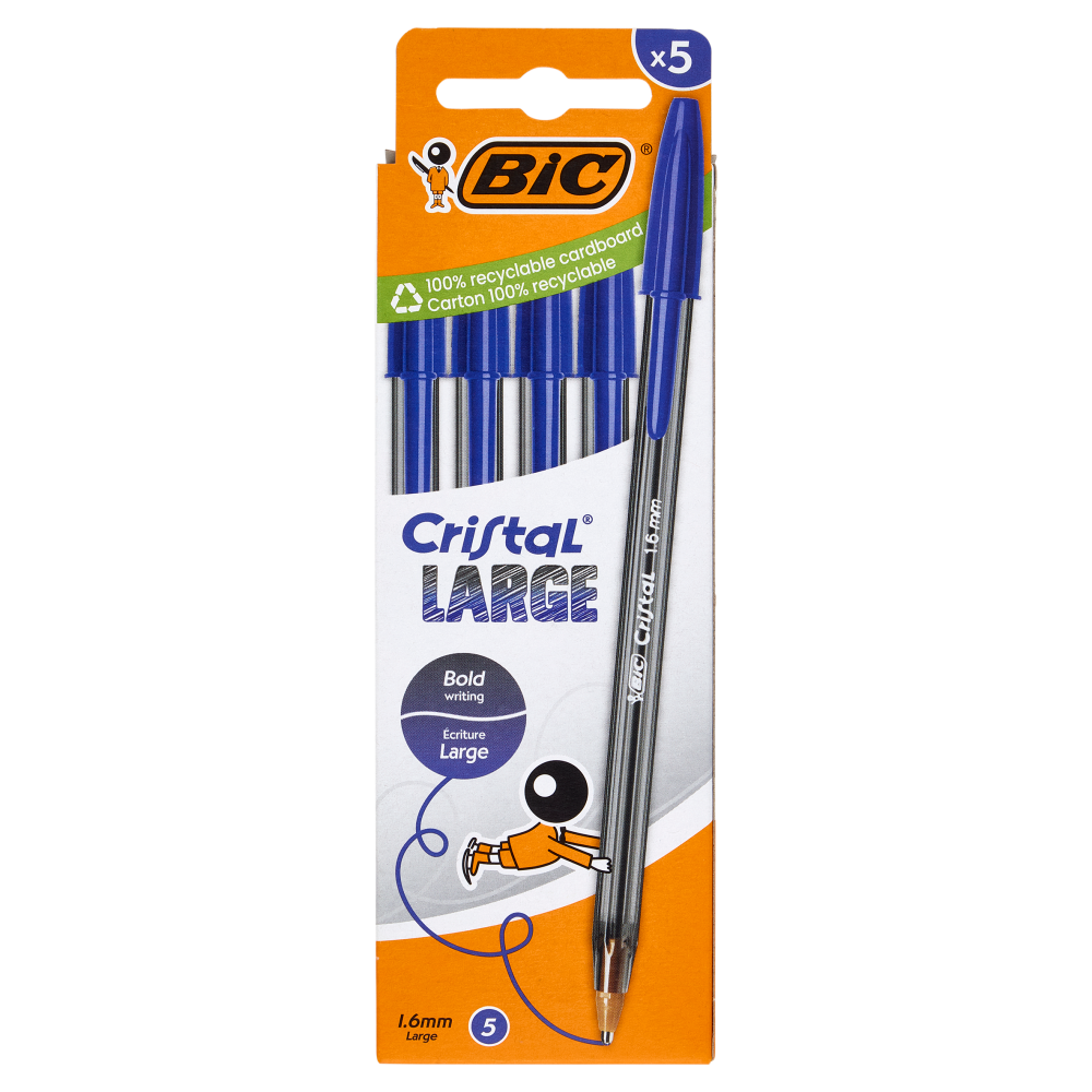 Bic Cristal Large Penne a Sfera Blu 1.6 mm, 5 pezzi
