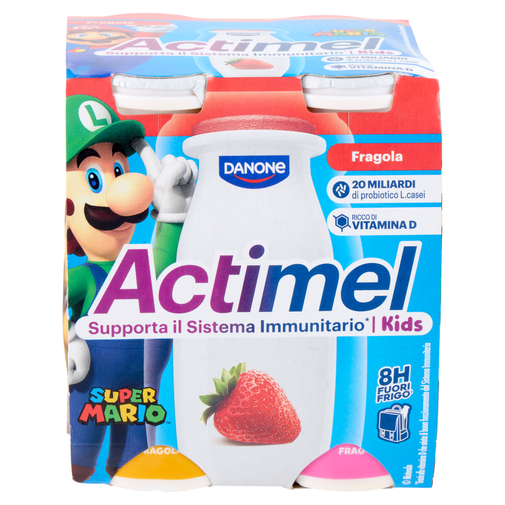ACTIMEL SuperMario, Yogurt da Bere con Vit B6 e D per il Sistema Immunitario, gusto fragola, 4X100G