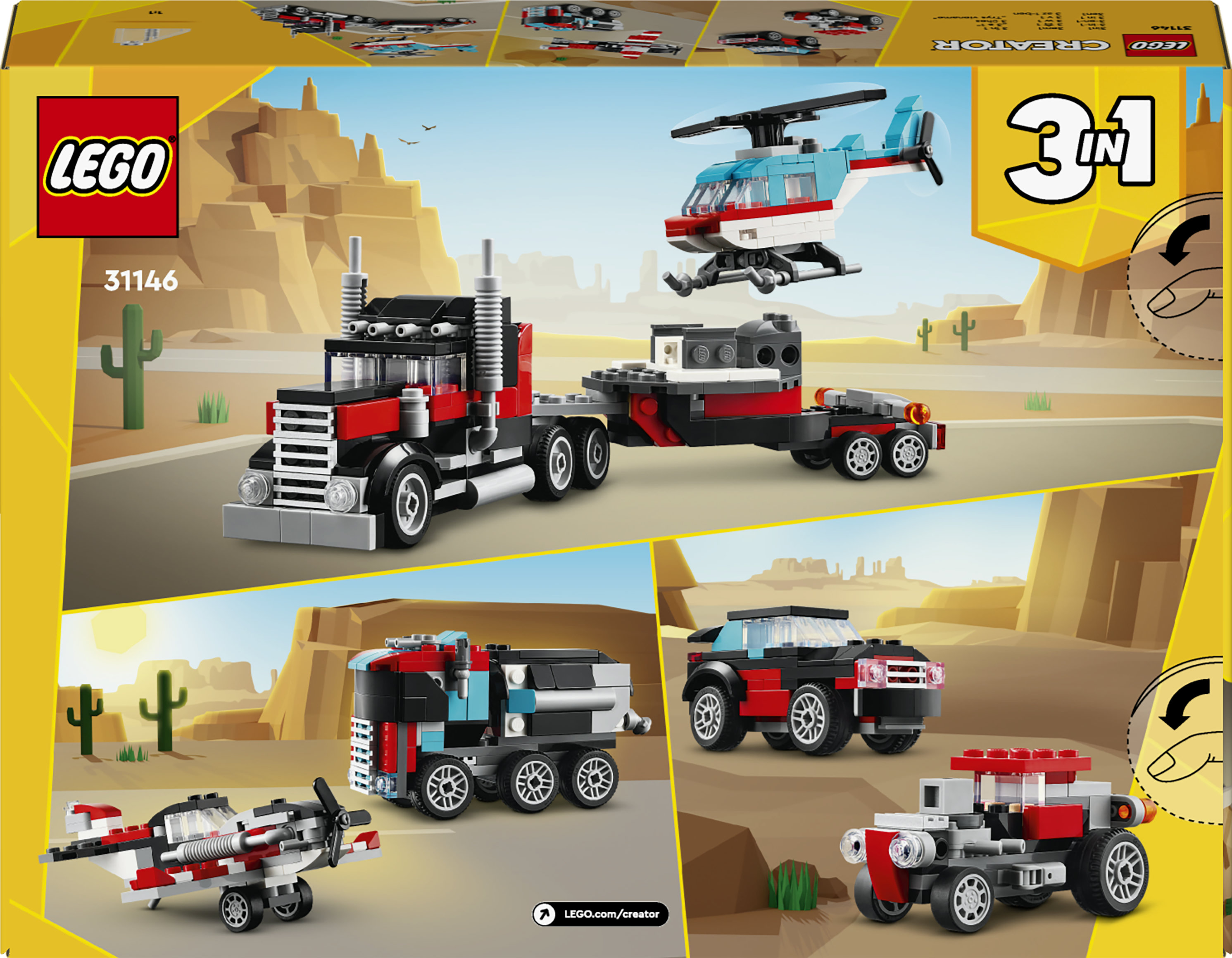 LEGO Creator 31146 3in1 Autocarro con Elicottero, Giochi per Bambini 7+ Anni Ricostruibile in Aereo e Cisterna o Auto e SUV