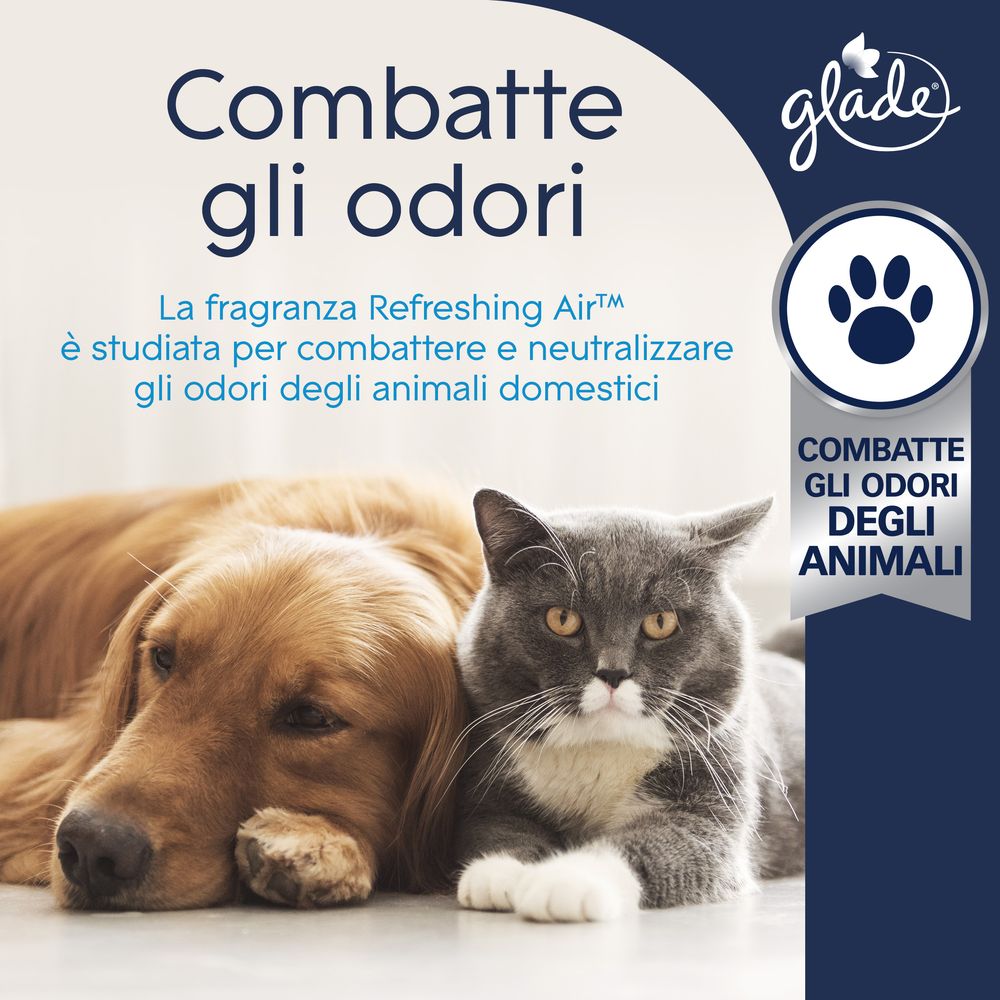 Glade Sense and Spray Base Profumatore per Ambienti con Olii Essenziali e Sensore di Movimento, Fragranza Refreshing Air™, Elimina gli odori degli animali domestici, 18 ml