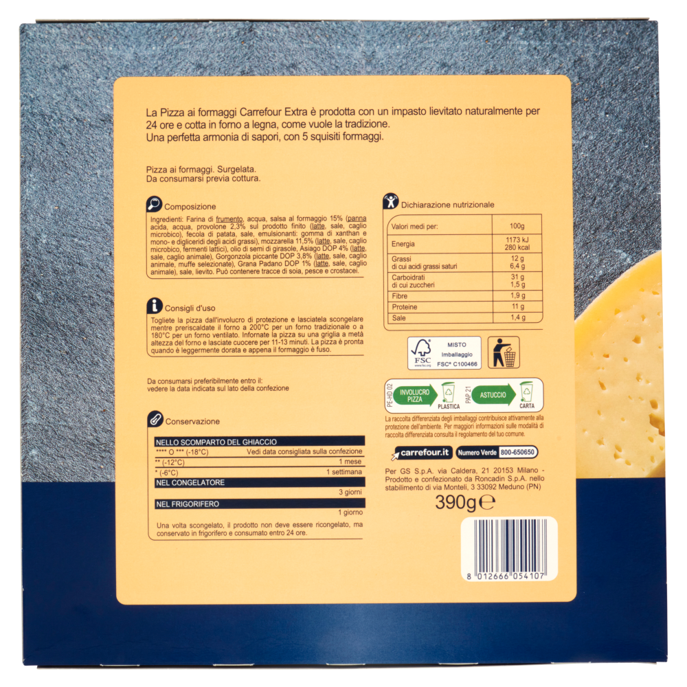 Carrefour Extra Pizza ai Formaggi Surgelata 390 g