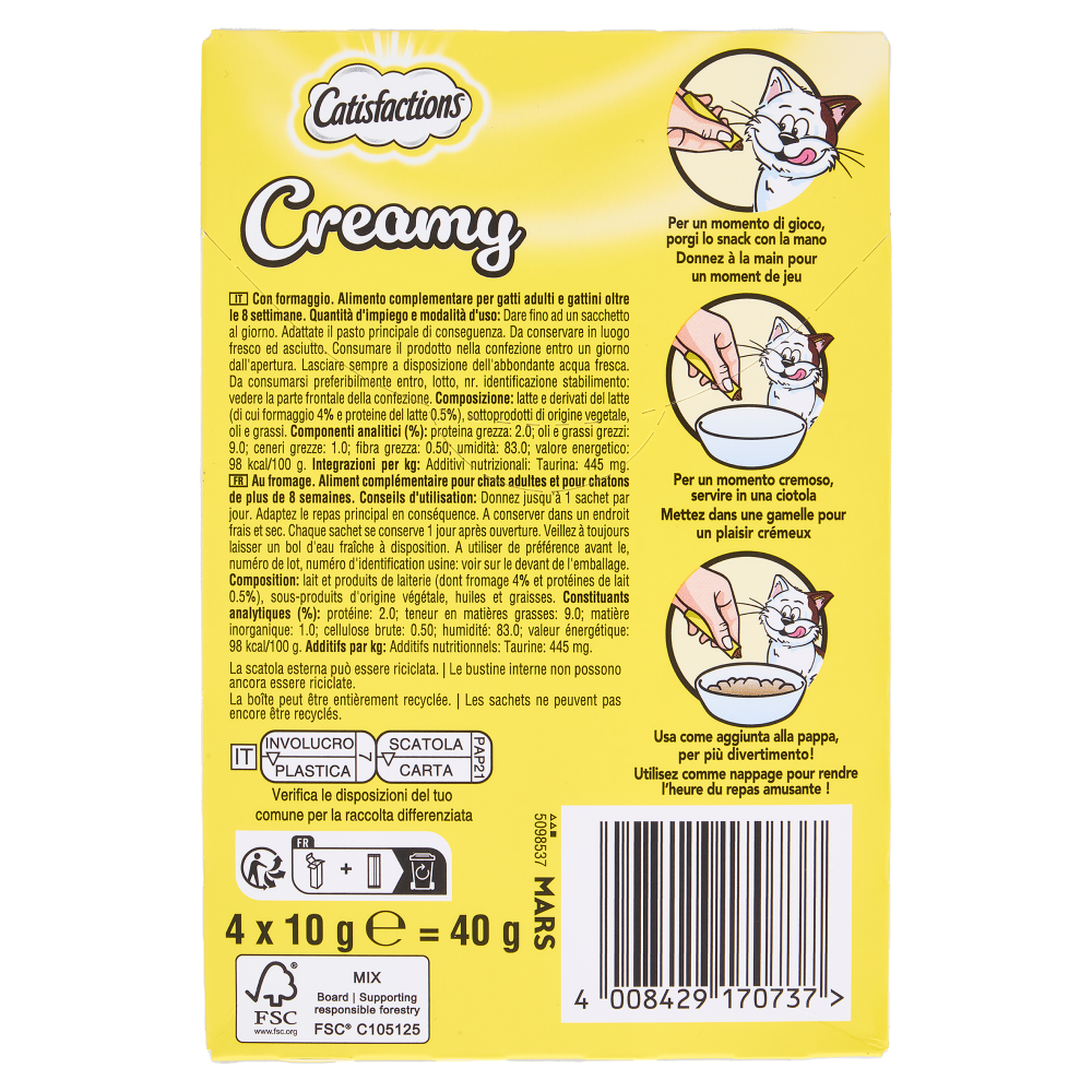 Catisfactions Snack Gatto Creamy Formaggio 4 x 10 g