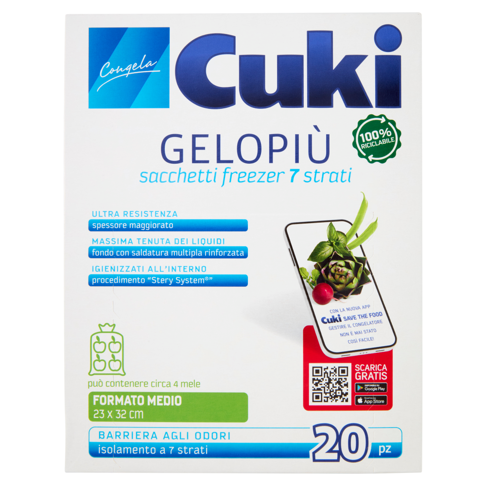 Cuki Congela Gelopi&ugrave; sacchetti freezer 7 strati Formato Medio 23 x 32 cm 20 pz